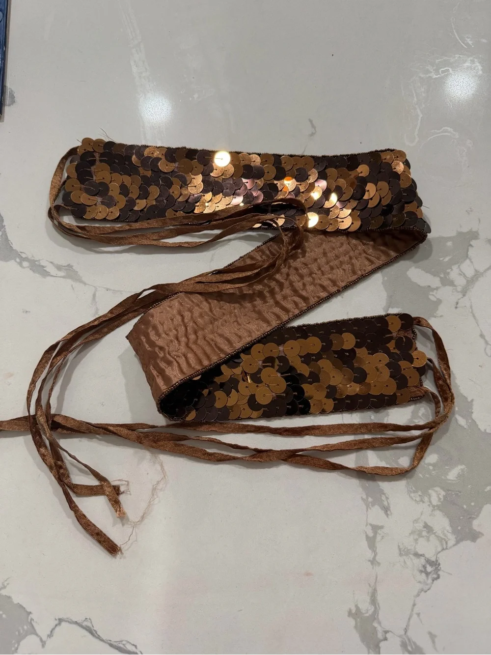 Sequin Tie Belt in Copper Brown